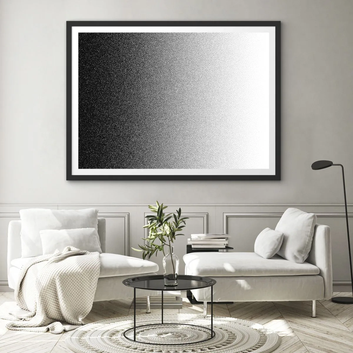 Plakat w czarnej ramie - Minimalistyczny gradient czerni i bieli w punkcie - 70x50cm - W stronę światła - Nowoczesna dekoracja ścienna do salonu i sypialni ARTTOR