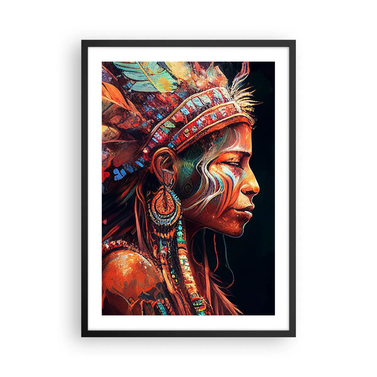 Plakat w czarnej ramie - Portret kobiety w tradycyjnym pióropuszu - 50x70cm - Magiczny rytuał - Nowoczesna dekoracja ścienna do salonu i sypialni ARTTOR