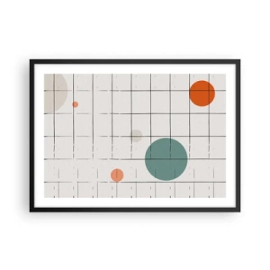 Plakat w czarnej ramie - Abstrakcyjne okręgi w kolorach na tle geometrycznej siatki - 70x50cm - Uwięzione. My czy one? - Nowoczesna dekoracja ścienna do salonu i sypialni ARTTOR
