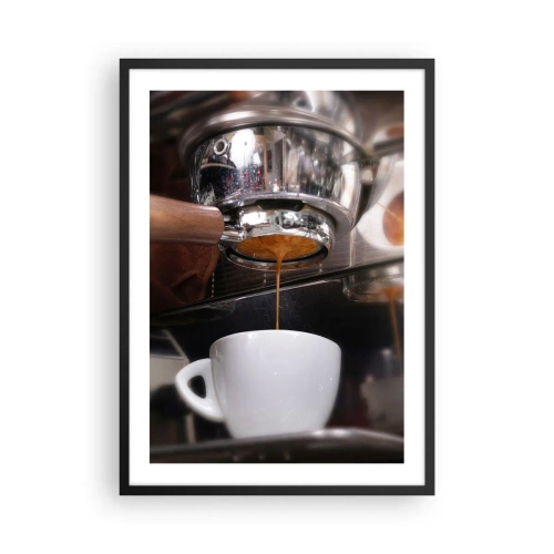 Plakat w czarnej ramie - Ekspres do kawy nalewający świeże espresso do filiżanki - 50x70cm - Dobra chwila dnia - Nowoczesna dekoracja ścienna do salonu i sypialni ARTTOR