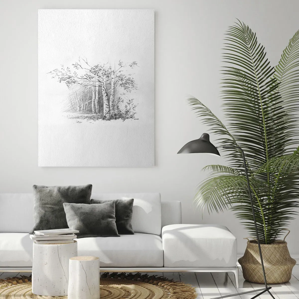 Obraz na szkle - Szkic brzozowego lasu w monochromatycznej tonacji - 50x70cm - Światło brzozowego lasu - Nowoczesna dekoracja ścienna do salonu, kuchni i sypialni ARTTOR