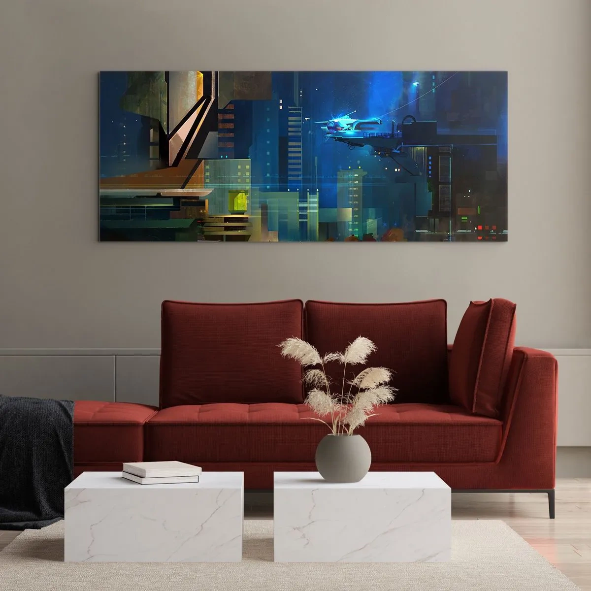 Obraz na szkle - Futurystyczne miasto nocą z neonami i latającym pojazdem - 120x50cm - W niedalekiej przyszłości - Nowoczesna dekoracja ścienna do salonu i sypialni ARTTOR