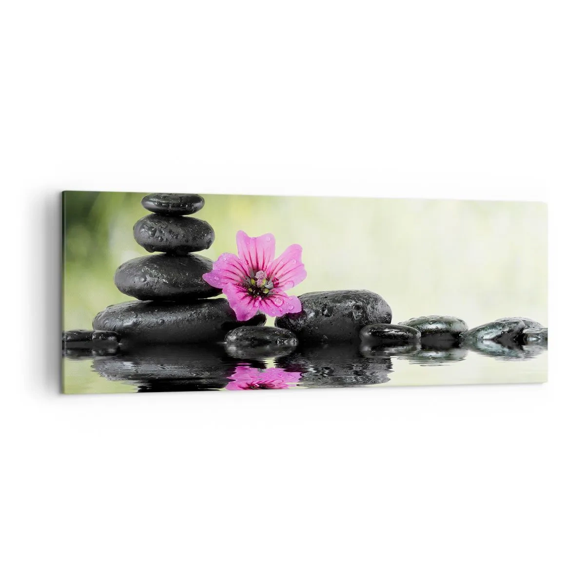 Obraz na płótnie - Kamienie Zen i różowy kwiat odbijające się w wodzie - 140x50cm - Czas dla duszy - Nowoczesna dekoracja ścienna do salonu i sypialni ARTTOR