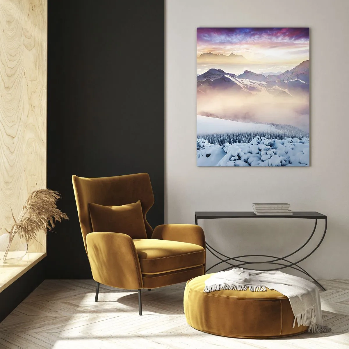 Obraz na szkle - Górski krajobraz zimowy z zachodzącym słońcem i mgłą - 50x70cm - Siła i czystość natury - Nowoczesna dekoracja ścienna do salonu, kuchni i sypialni ARTTOR
