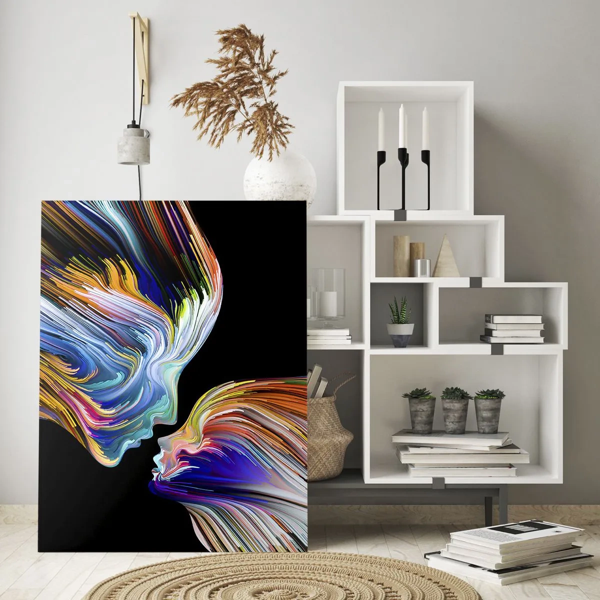 Obraz na szkle - Kolorowe sylwetki twarzy w dynamicznych strugach na czarnym tle - 70x100cm - Fuzja energii i światła - Nowoczesna dekoracja ścienna do salonu i sypialni ARTTOR