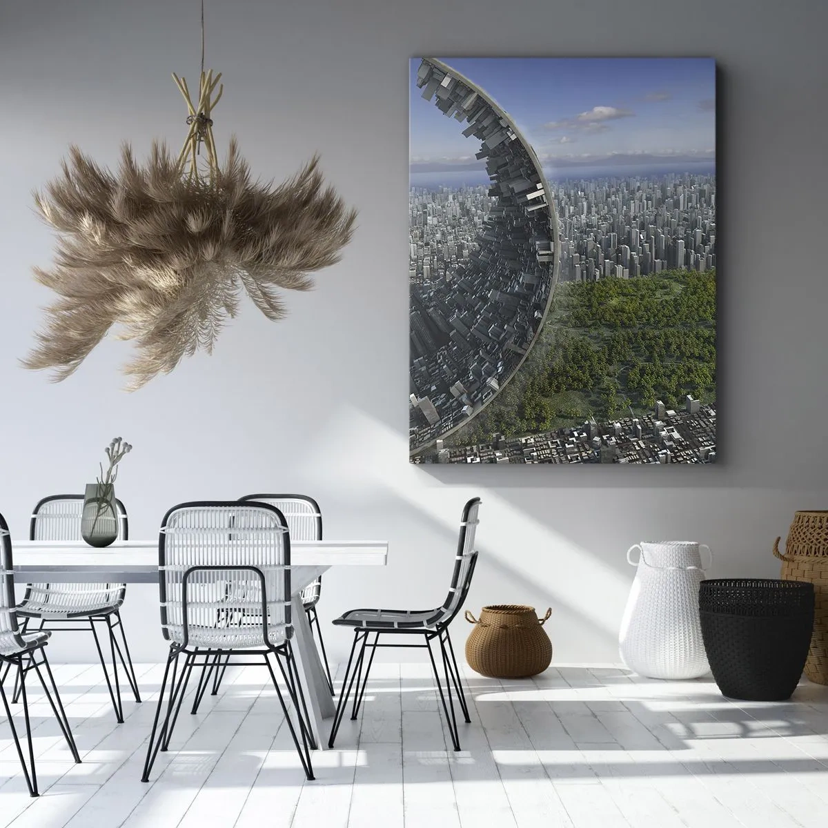 Obraz na płótnie - Futurystyczne miasto łączące technologię z naturą - 50x70cm - Natura jest wieczna - Nowoczesna dekoracja ścienna do salonu, kuchni i sypialni ARTTOR