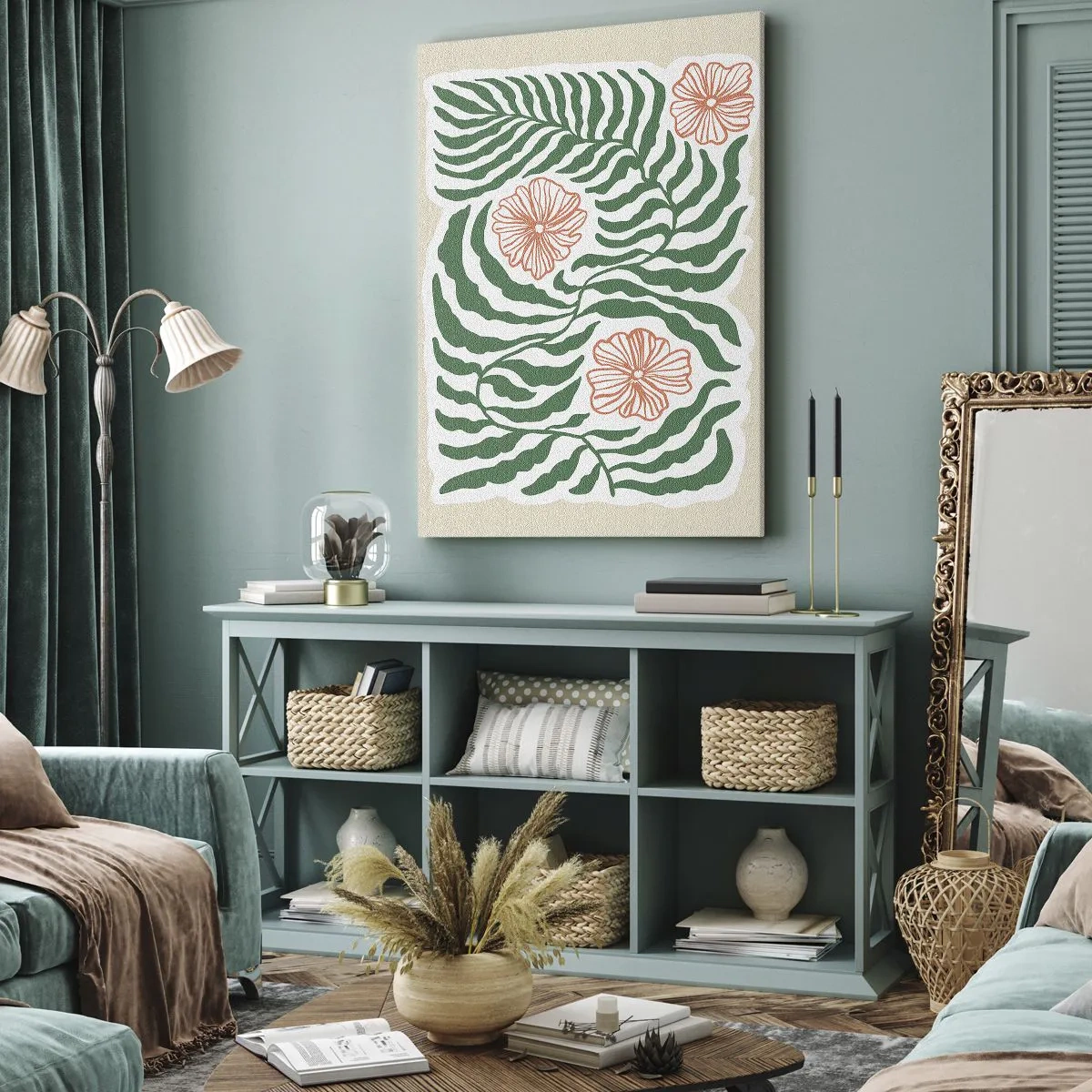 Obraz na płótnie - Stylizowane liście paproci i kwiaty - 50x70cm - Rozkwitłe w zieleni - Nowoczesna dekoracja ścienna do salonu, kuchni i sypialni ARTTOR