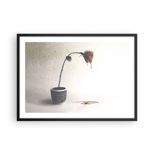 Plakat w czarnej ramie - Czerwona róża w doniczce z kroplami barwnika na białym tle - 70x50cm - Rosa dolorosa - Nowoczesna dekoracja ścienna do salonu i sypialni ARTTOR