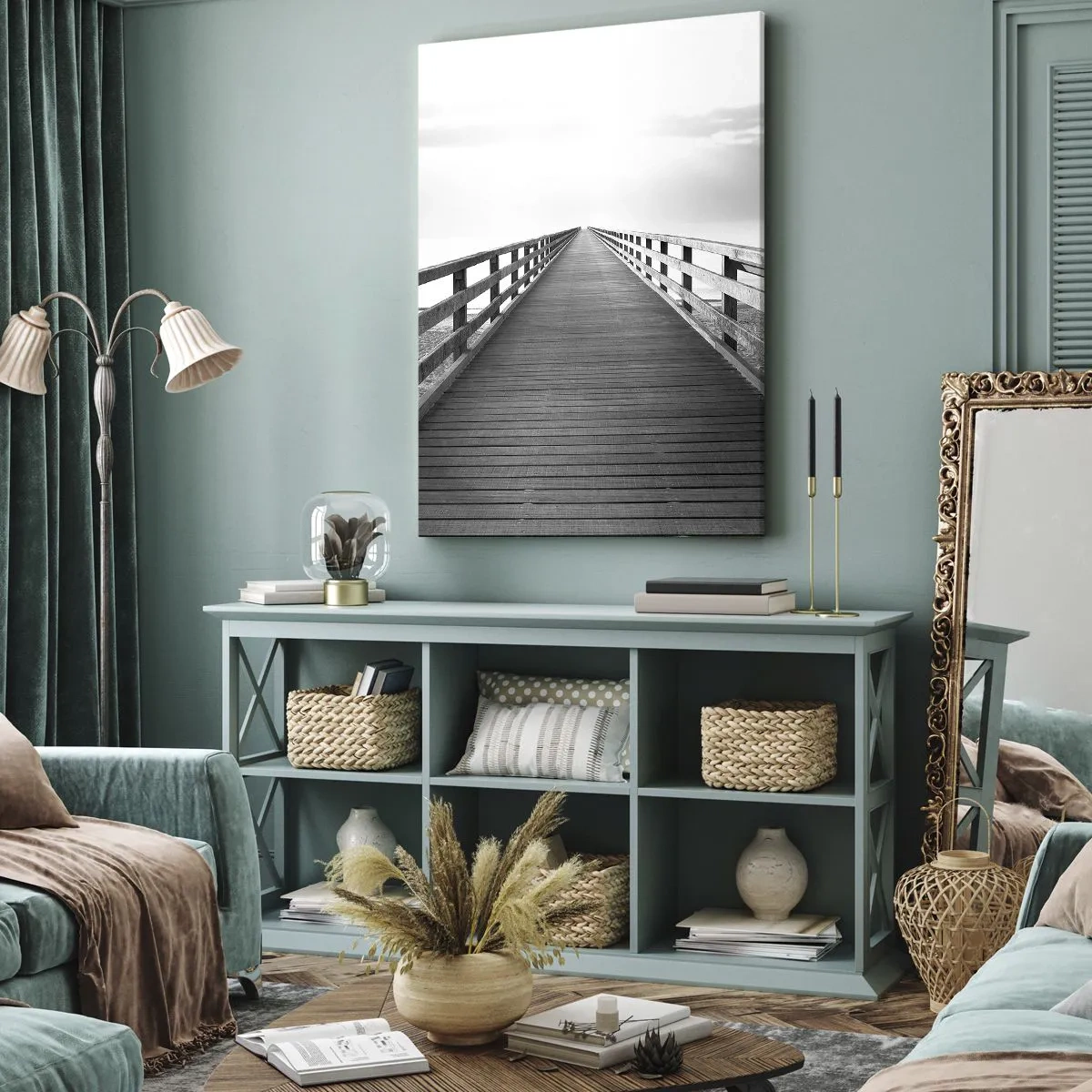 Obraz na płótnie - Drewniane molo prowadzące w nieskończoność w odcieniach szarości - 50x70cm - W siną dal… - Nowoczesna dekoracja ścienna do salonu, kuchni i sypialni ARTTOR