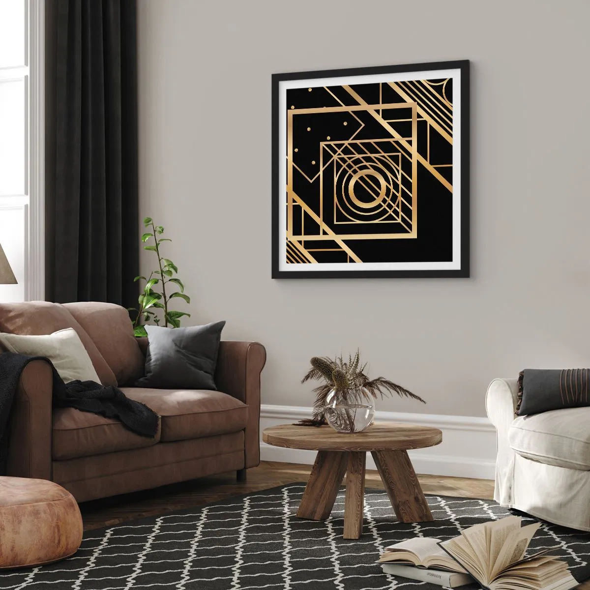 Plakat w czarnej ramie - Złota geometria - 30x30 cm