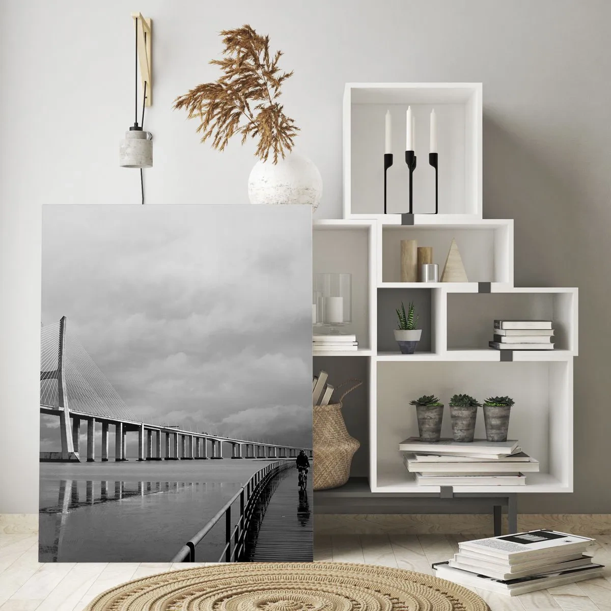 Obraz na szkle - Most w monochromatycznym krajobrazie z rowerzystą - 50x70cm - Każdemu co mu się należy - Nowoczesna dekoracja ścienna do salonu, kuchni i sypialni ARTTOR