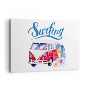 Obraz na płótnie - Kolorowa grafika z busem i motywem surfingu - 100x70cm - Ogórek - klasyk dla surfera - Nowoczesna dekoracja ścienna do salonu, kuchni i sypialni ARTTOR