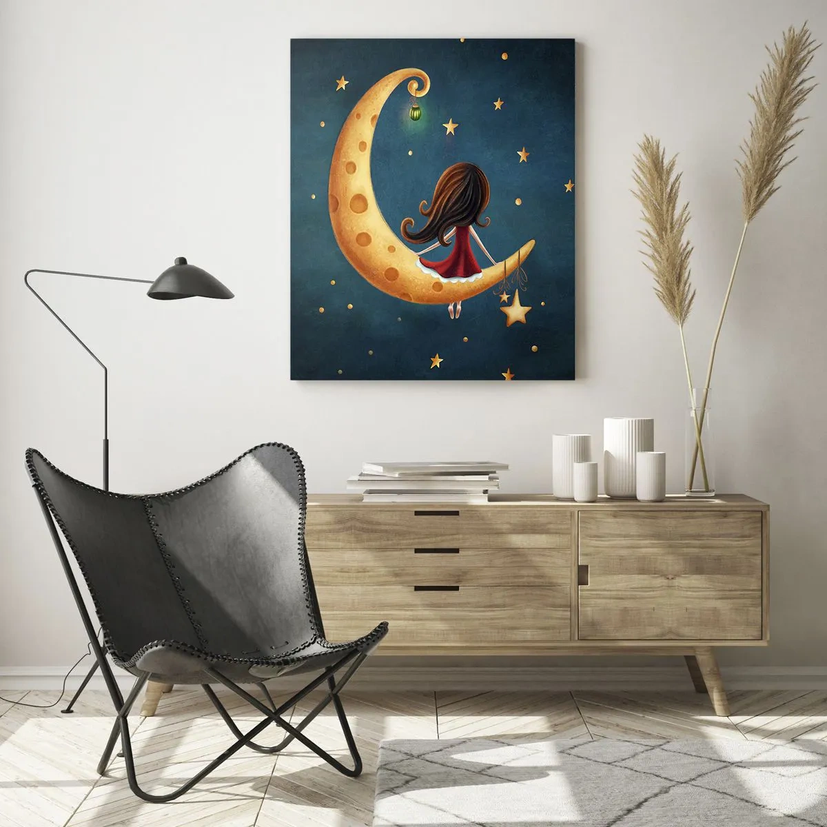 Obraz na szkle - Dziewczynka na księżycu wśród gwiazd na granatowym tle - 50x70cm - Pewnego razu… - Nowoczesna dekoracja ścienna do salonu, kuchni i sypialni ARTTOR