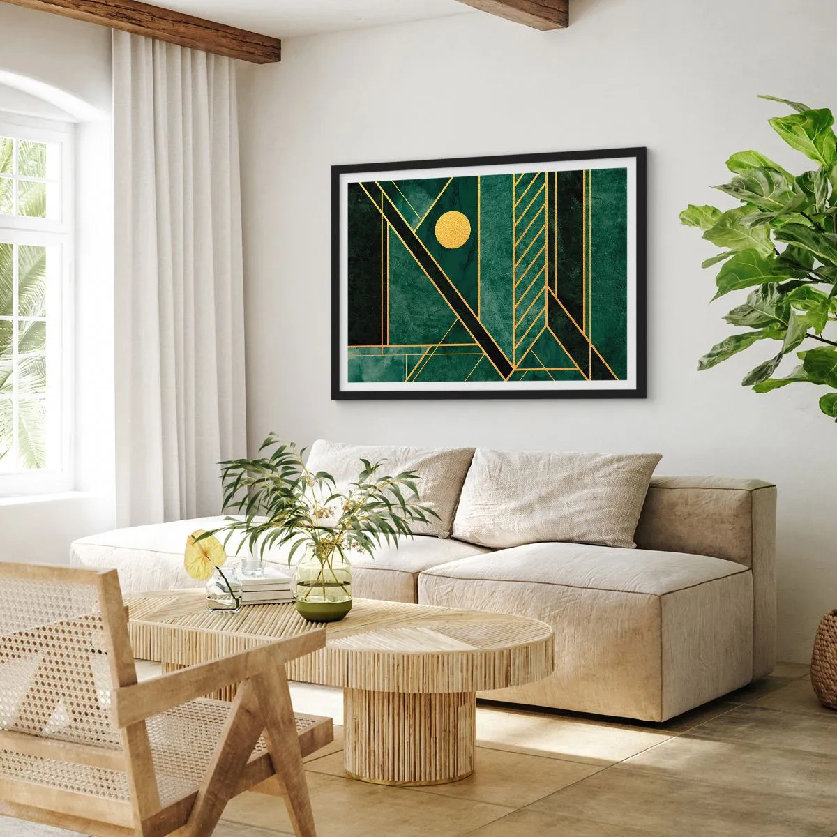 Plakat w czarnej ramie - Geometria w zieleni i złocie z eleganckim wzorem - 100x70cm - Dynamika złota i lazuru - Nowoczesna dekoracja ścienna do salonu i sypialni ARTTOR