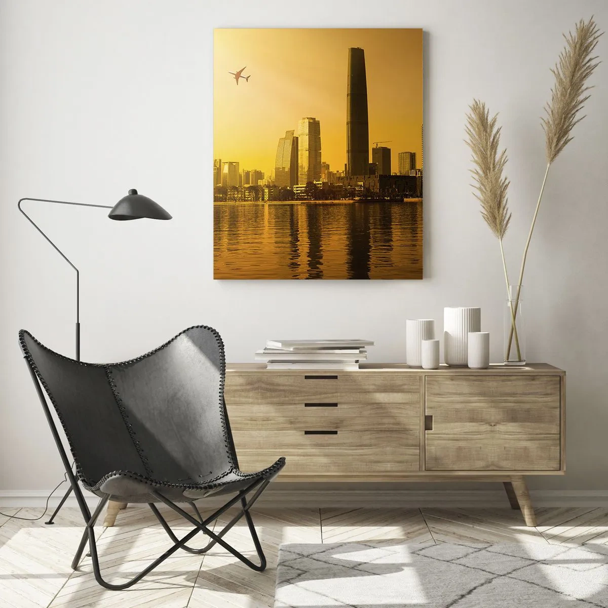 Obraz na szkle - Nowoczesne miasto z wieżowcami o zachodzie słońca - 50x70cm - Złote miasto - Nowoczesna dekoracja ścienna do salonu, kuchni i sypialni ARTTOR