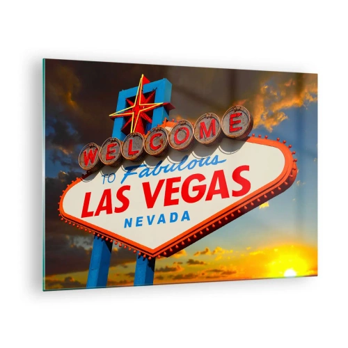 Obraz na szkle - Znak powitalny Las Vegas na tle zachodzącego słońca - 70x50cm - Po uśmiech losu - Nowoczesna dekoracja ścienna do salonu i sypialni ARTTOR