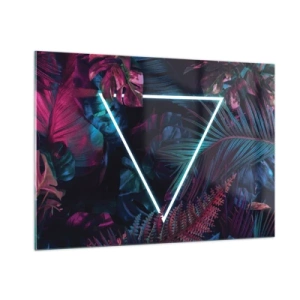 Obraz na szkle - Neonowy trójkąt w otoczeniu tropikalnych roślin w odcieniach różu i niebieskiego - 100x70cm - Ogród w stylu disco - Nowoczesna dekoracja ścienna do salonu, kuchni i sypialni ARTTOR
