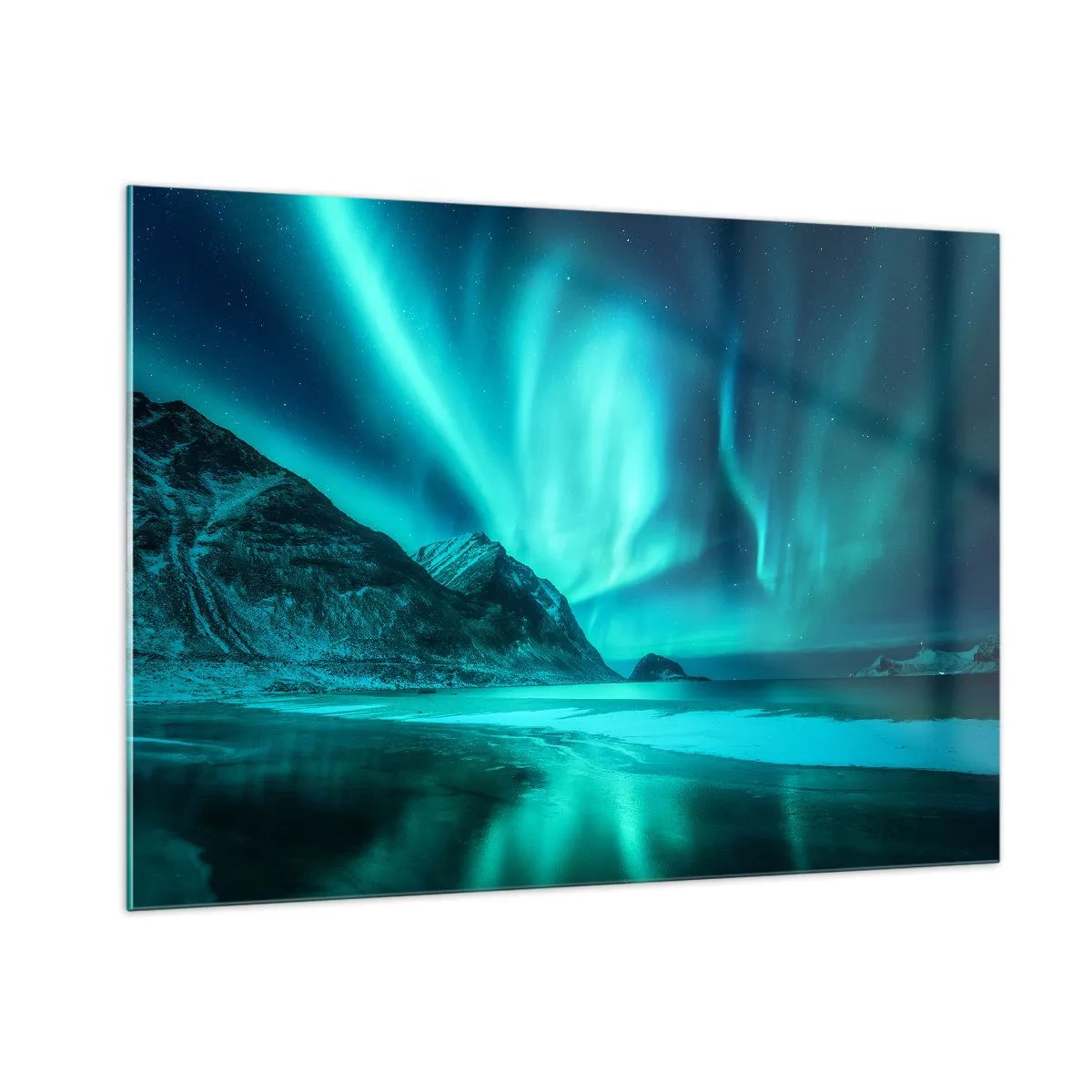 Obraz na szkle - Zorza polarna nad górskim krajobrazem i zamarzniętym morzem - 100x70cm - Cuda północy - Nowoczesna dekoracja ścienna do salonu, kuchni i sypialni ARTTOR