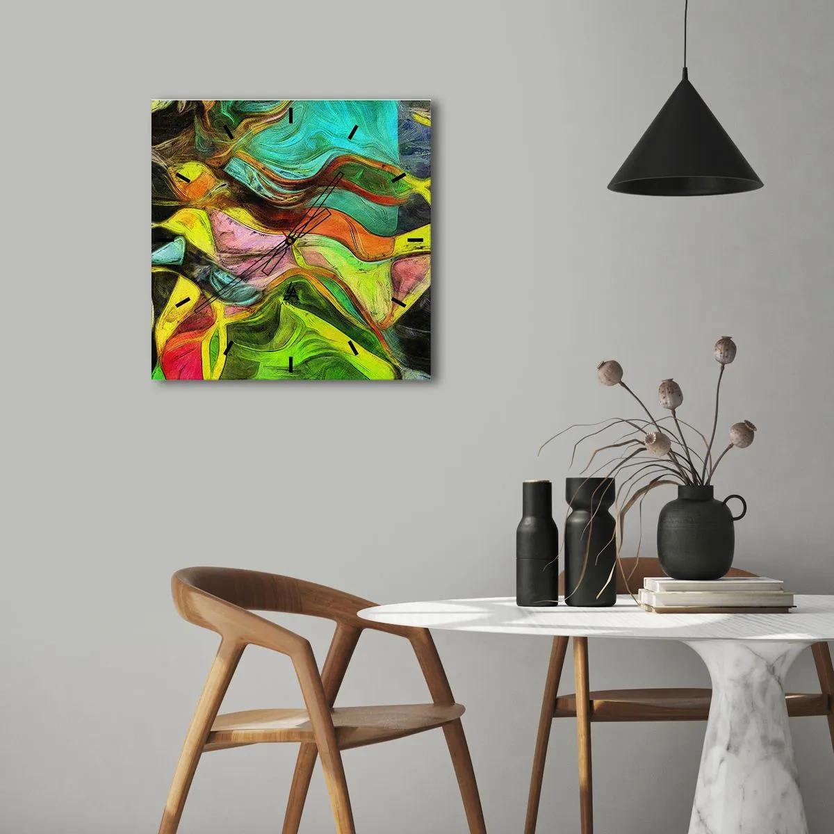 Zegar ścienny - Abstrakcyjna kompozycja z barwnymi plamami i dynamicznymi liniami - 30x30cm - Ruch to życie - Nowoczesna dekoracja ścienna do salonu i sypialni ARTTOR