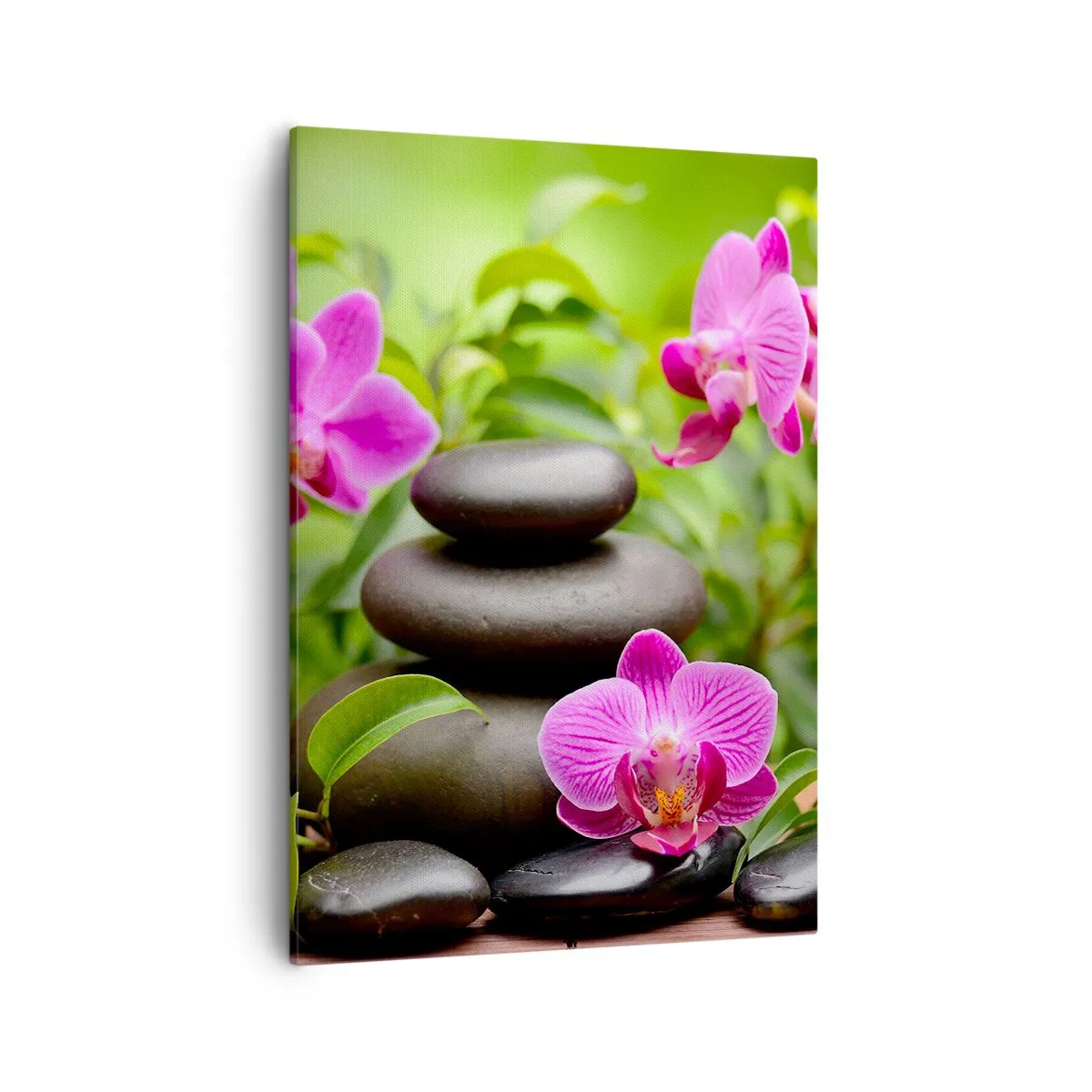 Obraz na płótnie - Orchidee i kamienie w harmonijnej kompozycji - 50x70cm - Piramida spokoju - Nowoczesna dekoracja ścienna do salonu, kuchni i sypialni ARTTOR