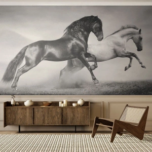 Fototapeta Premium Sand - Czarno-białe konie w dynamicznym galopie - 100x70cm - Anioły i demony - Nowoczesna dekoracja ścienna do salonu, kuchni i sypialni ARTTOR