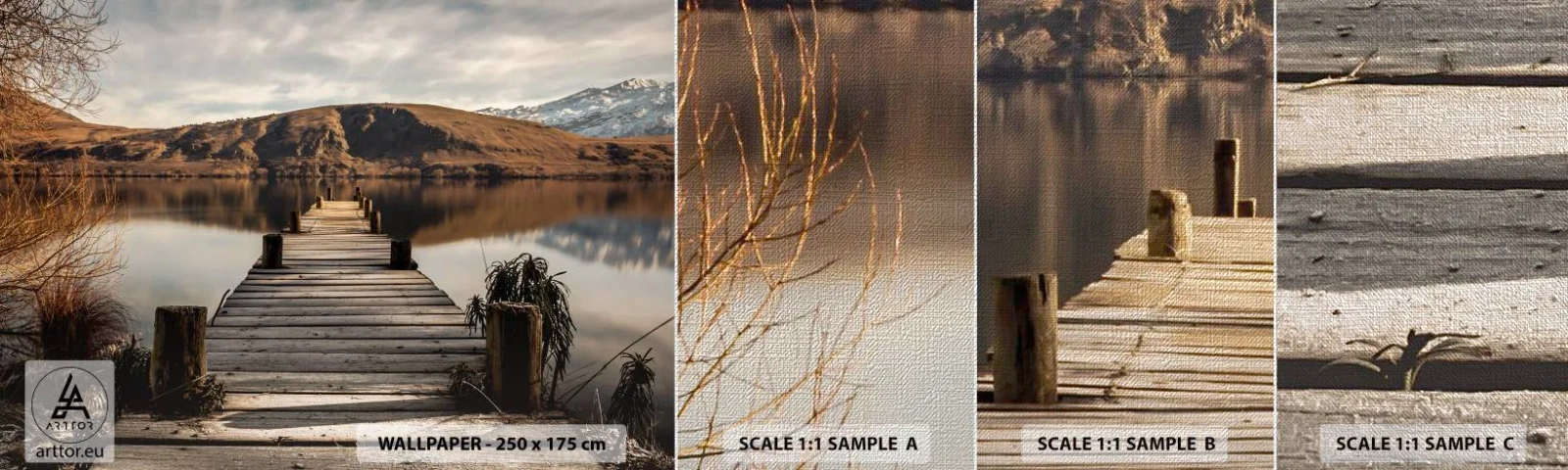 Fototapeta Próbka Premium Canvas - Pejzaż w ciszy - Krajobraz, Pomost, Jezioro - 100x30 cm