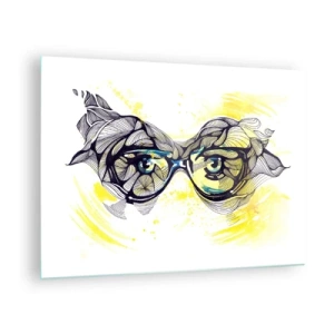 Obraz na szkle - Okulary z artystycznymi wzorami i oczami na tle w żółtych tonacjach - 70x50cm - Przez błękitne okulary - Nowoczesna dekoracja ścienna do salonu i sypialni ARTTOR