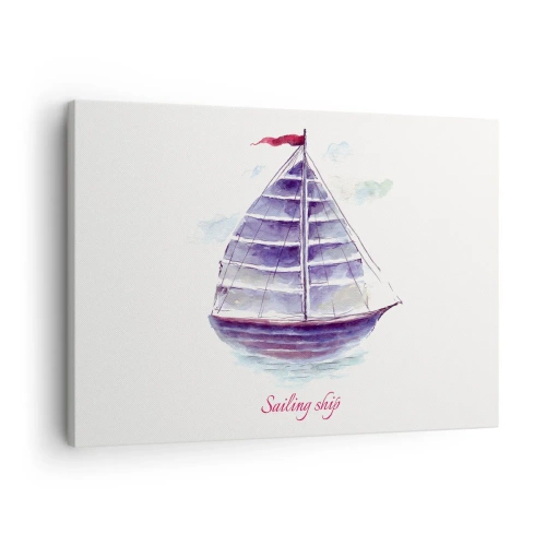 Obraz na płótnie - Akwarelowy obraz żaglówki na wodzie z delikatnym napisem - 70x50cm - Pełnych żagli i spokojnej wody - Nowoczesna dekoracja ścienna do salonu i sypialni ARTTOR