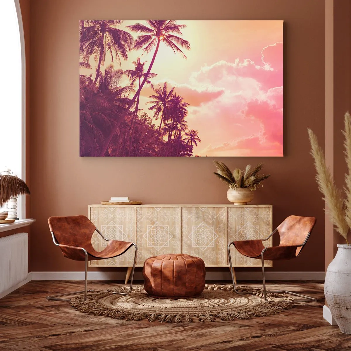 Obraz na płótnie - Palmy oświetlone zachodzącym słońcem na tropikalnym niebie - 120x80cm - Musisz wybrać - Nowoczesna dekoracja ścienna do salonu, kuchni i sypialni ARTTOR