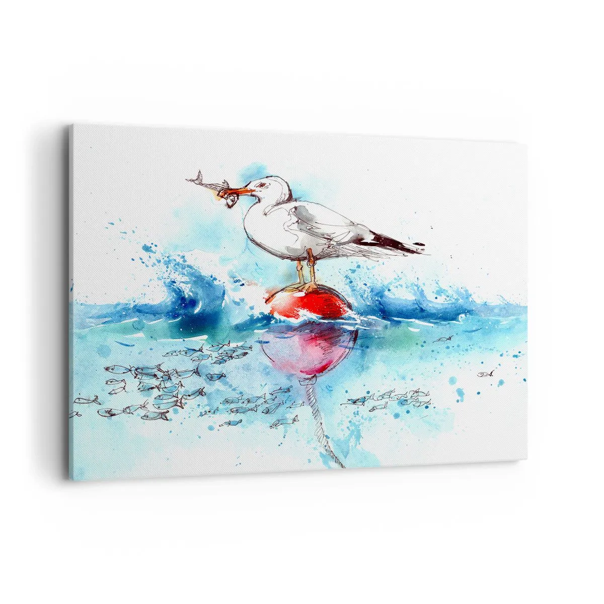 Obraz na płótnie - Mewa na boi z rybami w tle w akwarelowym stylu - 100x70cm - Udany połów - Nowoczesna dekoracja ścienna do salonu, kuchni i sypialni ARTTOR