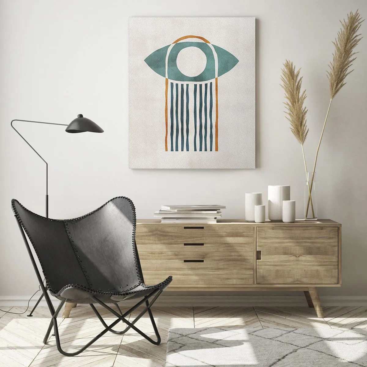 Obraz na szkle - Geometryczna forma z kołem i liniami w odcieniach zieleni i rudości - 50x70cm - Znaki i rytuały - Nowoczesna dekoracja ścienna do salonu, kuchni i sypialni ARTTOR