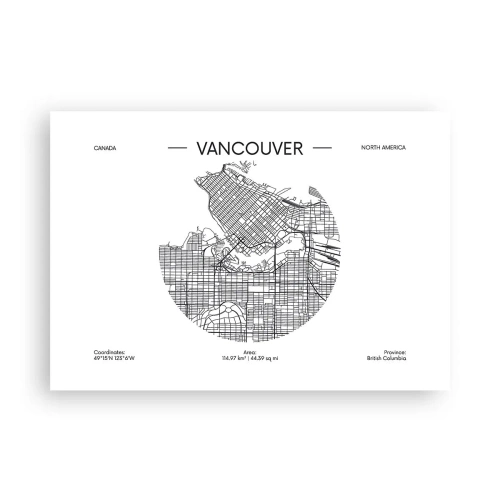 Plakat - Mapa Vancouver w minimalistycznym, czarno-białym stylu - 100x70cm - Anatomia Vancouver - Nowoczesna dekoracja ścienna do salonu i sypialni ARTTOR