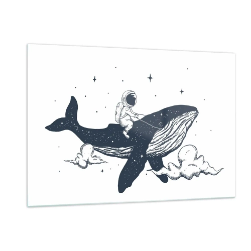 Obraz na szkle - Astronauta jadący na wielorybie wśród gwiazd i chmur - 120x80cm - Kosmiczna przygoda - Nowoczesna dekoracja ścienna do salonu, kuchni i sypialni ARTTOR