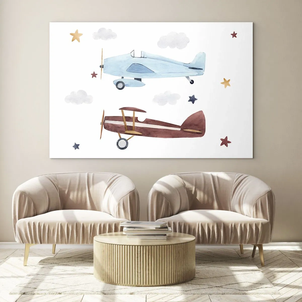 Obraz na szkle - Dwa kolorowe samoloty wśród gwiazd i chmur - 70x50cm - Panie pilocie, czekamy! - Nowoczesna dekoracja ścienna do salonu i sypialni ARTTOR
