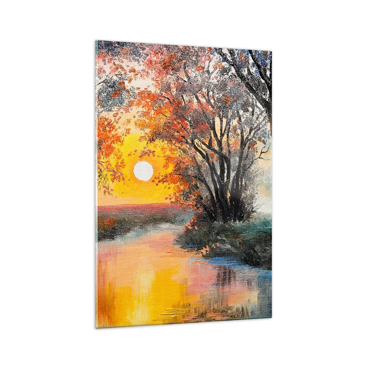 Obraz na szkle - Zachód słońca nad rzeką w jesiennym krajobrazie - 70x100cm - Jesienne klimaty - Nowoczesna dekoracja ścienna do salonu i sypialni ARTTOR