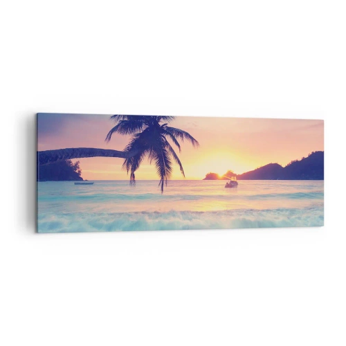 Obraz na płótnie - Plaża z palmą i zachodem słońca nad oceanem - 140x50cm - Wieczór w zatoce - Nowoczesna dekoracja ścienna do salonu i sypialni ARTTOR