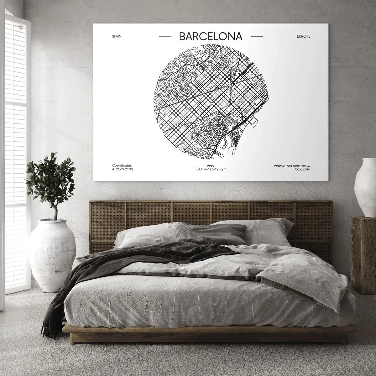 Obraz na szkle - Minimalistyczna mapa Barcelony w czarno-białej estetyce - 100x70cm - Anatomia Barcelony - Nowoczesna dekoracja ścienna do salonu, kuchni i sypialni ARTTOR