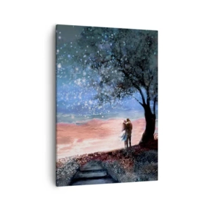 Obraz na płótnie - Para pod drzewem pod gwiaździstym niebem - 50x70cm - Gwiaździsty spektakl - Nowoczesna dekoracja ścienna do salonu, kuchni i sypialni ARTTOR