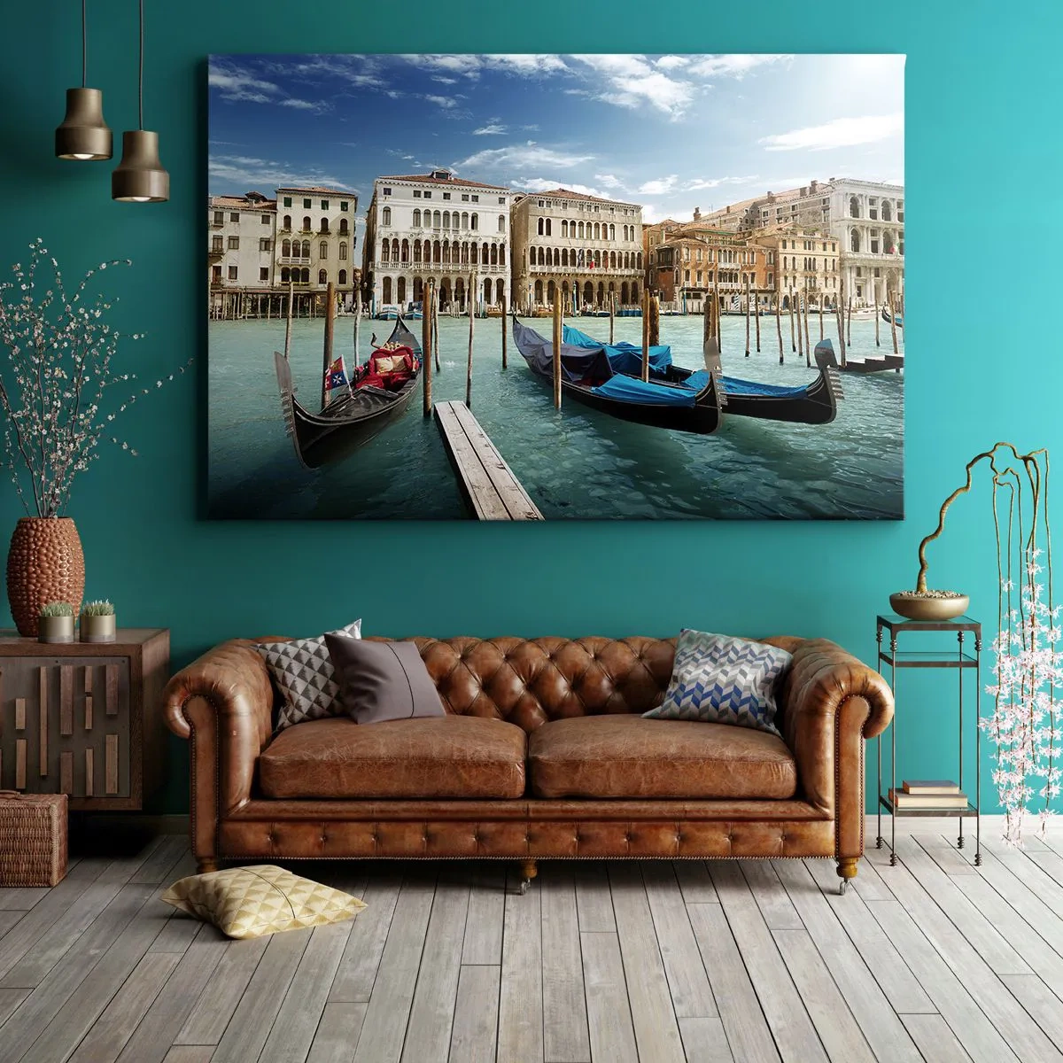 Obraz na płótnie - Wenecja z gondolami i pałacami na tle nieba - 70x50cm - Pałace w błękicie - Nowoczesna dekoracja ścienna do salonu i sypialni ARTTOR