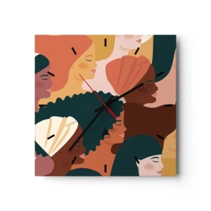 Zegar ścienny - Kolorowe profile kobiet w różnorodnych stylizacjach - 30x30cm - Tylko kobiecość - Nowoczesna dekoracja ścienna do salonu i sypialni ARTTOR