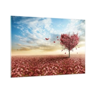 Obraz na szkle - Drzewo w kształcie serca na tle pola z czerwonymi liśćmi - 100x70cm - Pokochaj też jesień - Nowoczesna dekoracja ścienna do salonu, kuchni i sypialni ARTTOR