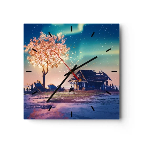 Zegar ścienny - Dom i kwitnące drzewo pod nocnym niebem - 30x30cm - Natura nie przemija - Nowoczesna dekoracja ścienna do salonu i sypialni ARTTOR