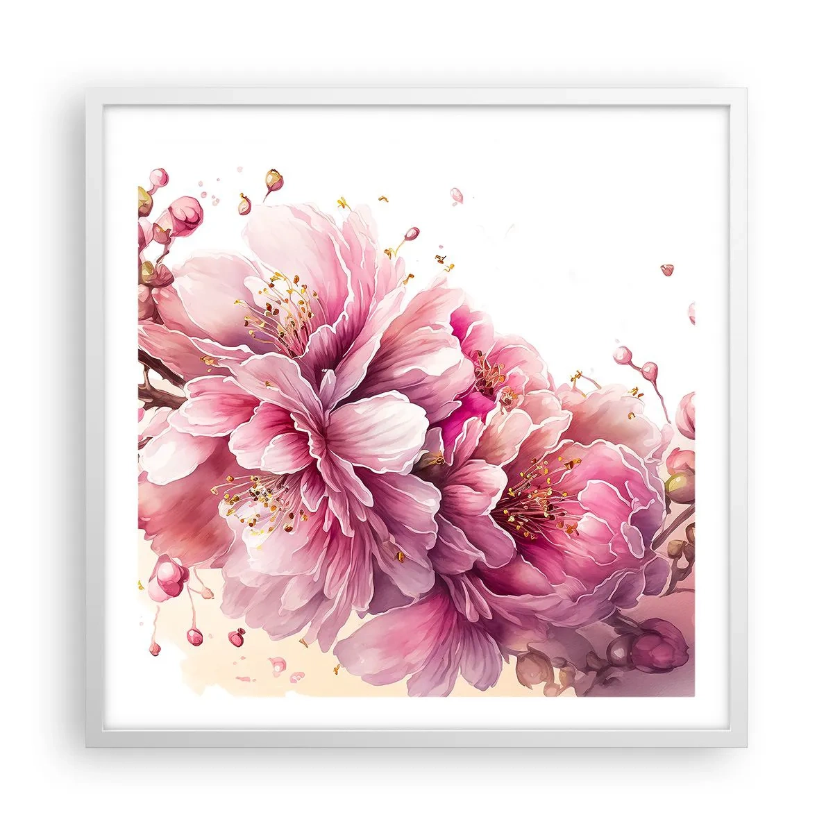 Plakat w białej ramie - Kwiat kwitnącej wiśni - 60x60 cm