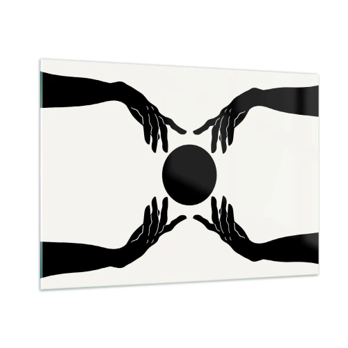 Obraz na szkle - Czarne dłonie wokół czarnego koła na jasnym tle - 100x70cm - Tajemny znak - Nowoczesna dekoracja ścienna do salonu, kuchni i sypialni ARTTOR