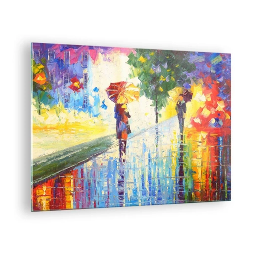 Obraz na szkle - Kolorowy spacer w deszczu z parasolką w impresjonistycznym stylu - 70x50cm - I wszystko jasne - Nowoczesna dekoracja ścienna do salonu i sypialni ARTTOR