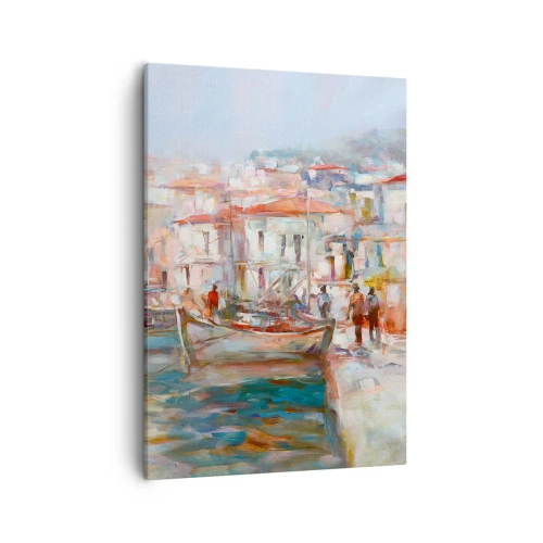 Obraz na płótnie - Impresjonistyczny port morski w pastelowych kolorach - 50x70cm - Pastelowe wakacje - Nowoczesna dekoracja ścienna do salonu, kuchni i sypialni ARTTOR