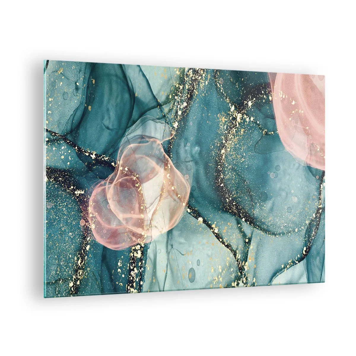 Obraz na szkle - Abstrakcyjne kształty w błękicie i różu ze złotymi detalami - 70x50cm - Jedwabny błękit, tiulowy róż - Nowoczesna dekoracja ścienna do salonu i sypialni ARTTOR