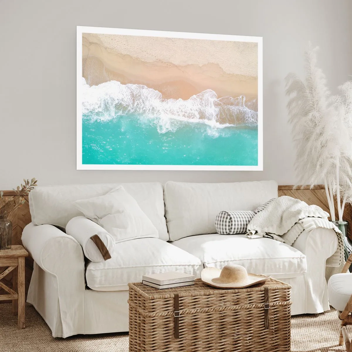 Plakat - Plaża z turkusową wodą i delikatnymi falami z lotu ptaka - 100x70cm - Pieszczotliwy dotyk - Nowoczesna dekoracja ścienna do salonu i sypialni ARTTOR