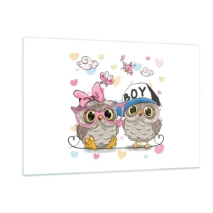 Obraz na szkle - Para wesołych sówek w pastelowej kompozycji - 120x80cm - Kochajmy się! - Nowoczesna dekoracja ścienna do salonu, kuchni i sypialni ARTTOR