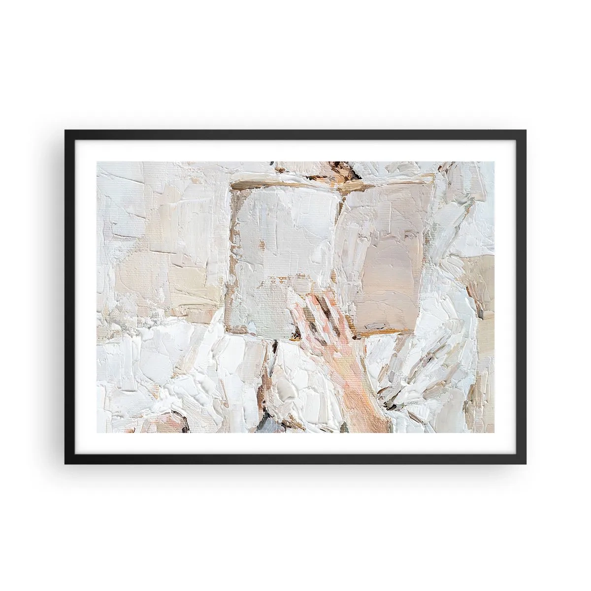 Plakat w czarnej ramie - Impresjonistyczny obraz dłoni trzymającej otwartą książkę - 70x50cm - W innym świecie - Nowoczesna dekoracja ścienna do salonu i sypialni ARTTOR